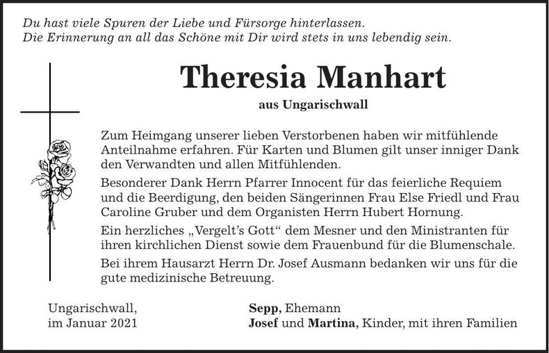 Traueranzeige Theresia Manhart
