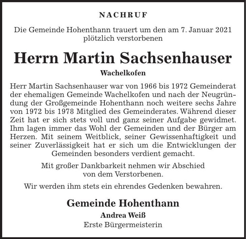 Traueranzeige Martin Sachsenhauser