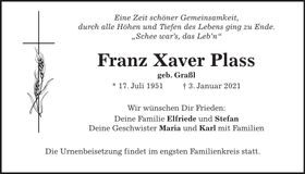 Traueranzeige Franz Xaver Plass