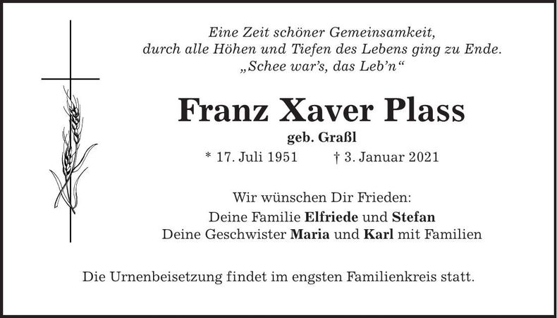 Traueranzeige Franz Xaver Plass