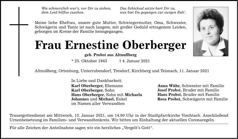 Traueranzeige Ernestine Oberberger