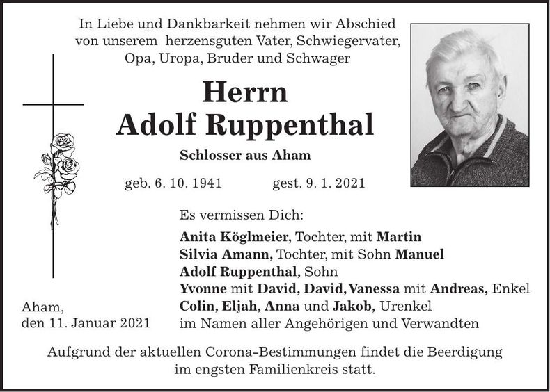 Traueranzeige Adolf Ruppenthal