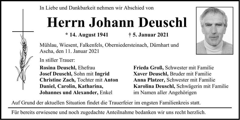 Traueranzeige Johann Deuschl
