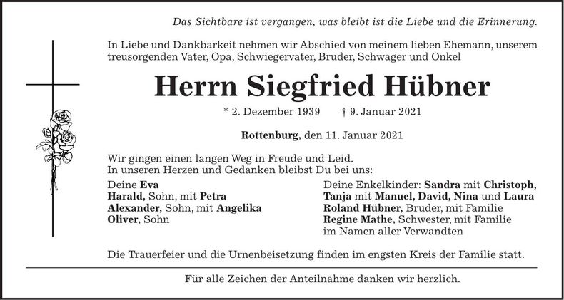 Traueranzeige Siegfried Hübner