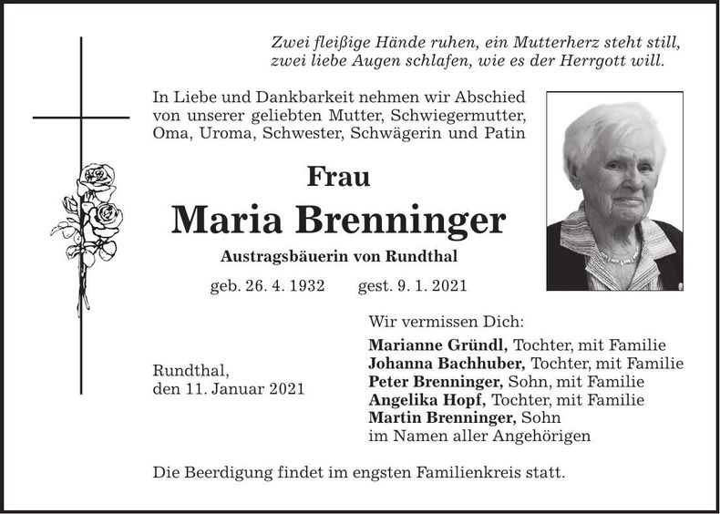 Traueranzeige Maria Brenninger