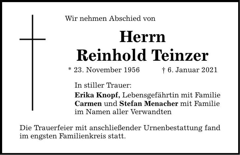 Traueranzeige Reinhold Teinzer