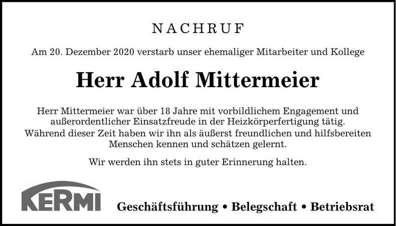 Traueranzeige Adolf Mittermeier