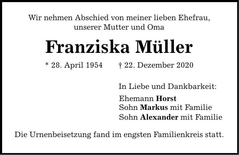 Traueranzeige Franziska Müller