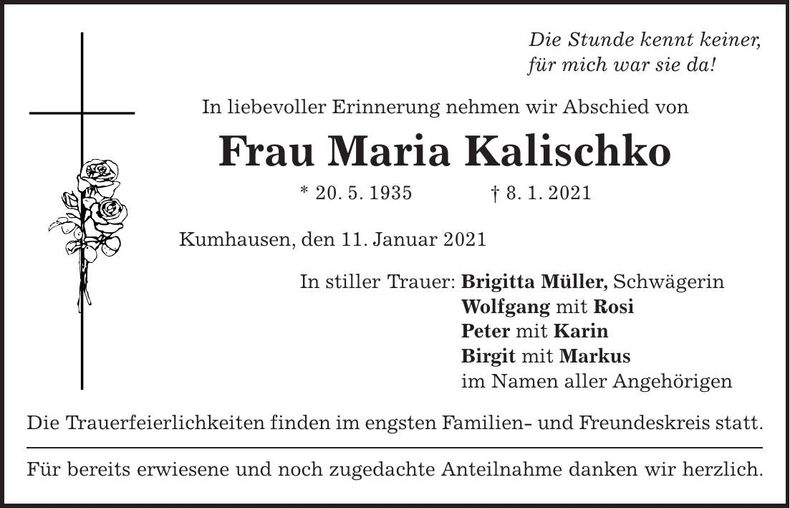 Traueranzeige Maria Kalischko