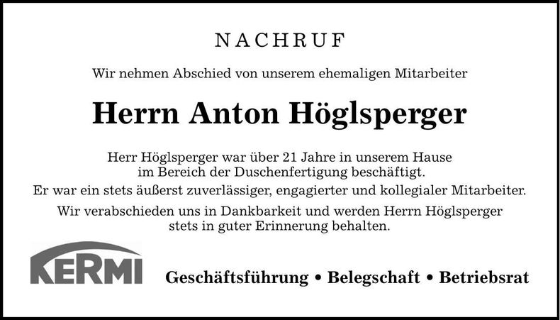 Traueranzeige Anton Höglsperger