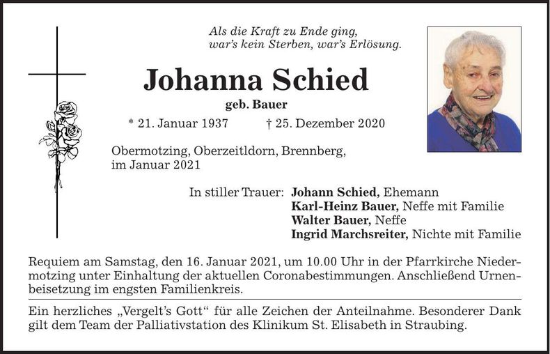 Traueranzeige Johanna Schied