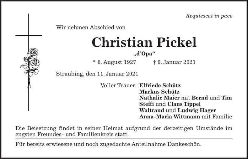 Traueranzeige Christian Pickel