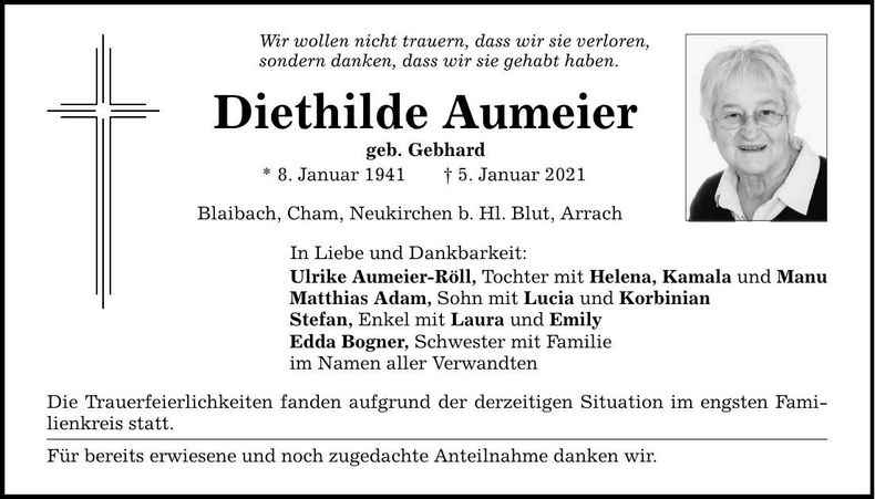 Traueranzeige Diethilde Aumeier