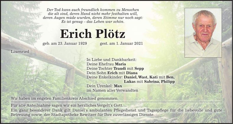 Traueranzeige Erich Plötz