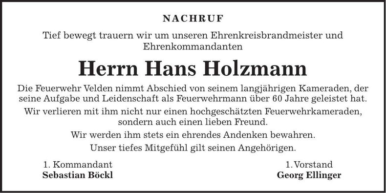 Traueranzeige Hans Holzmann