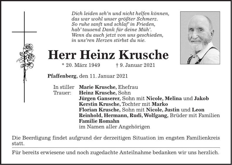Traueranzeige Heinz Krusche