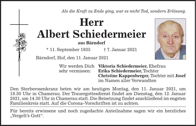 Traueranzeige Albert Schiedermeier