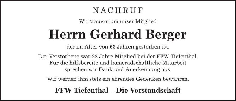 Traueranzeige Gerhard Berger