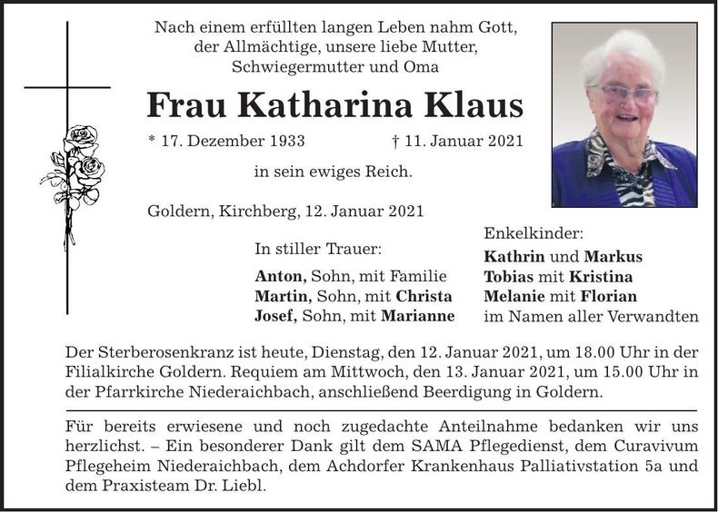 Traueranzeige Katharina Klaus