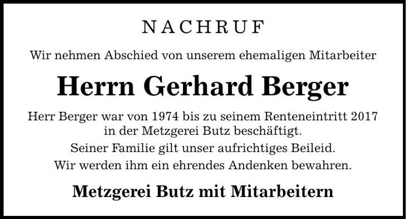 Traueranzeige Gerhard Berger