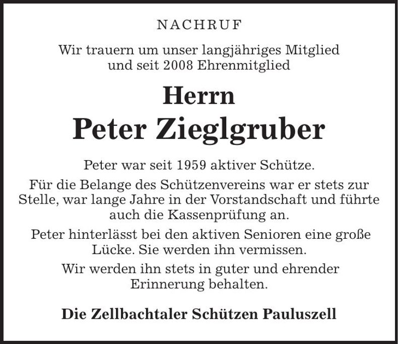 Traueranzeige Peter Zieglgruber
