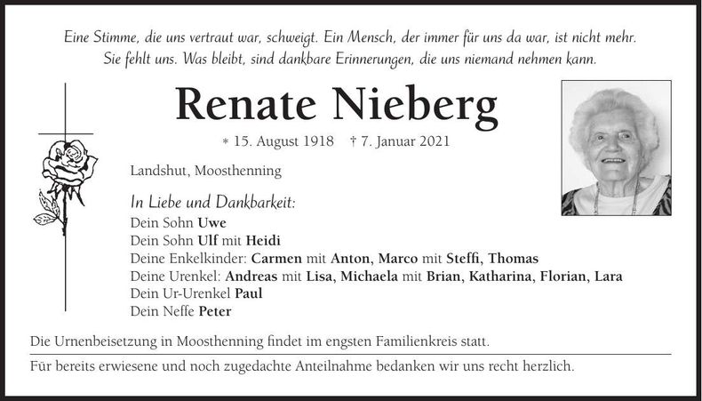 Traueranzeige Renate Nieberg