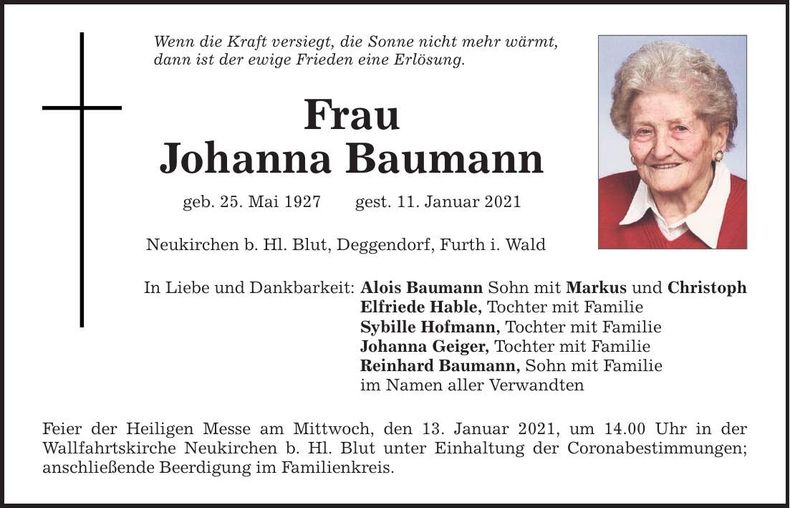 Traueranzeige Johanna Baumann