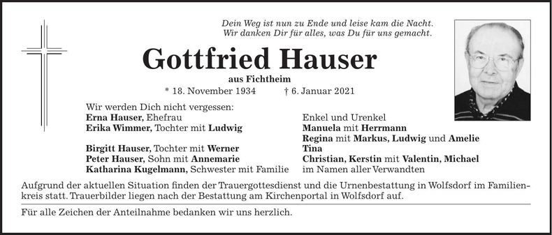 Traueranzeige Gottfried Hauser