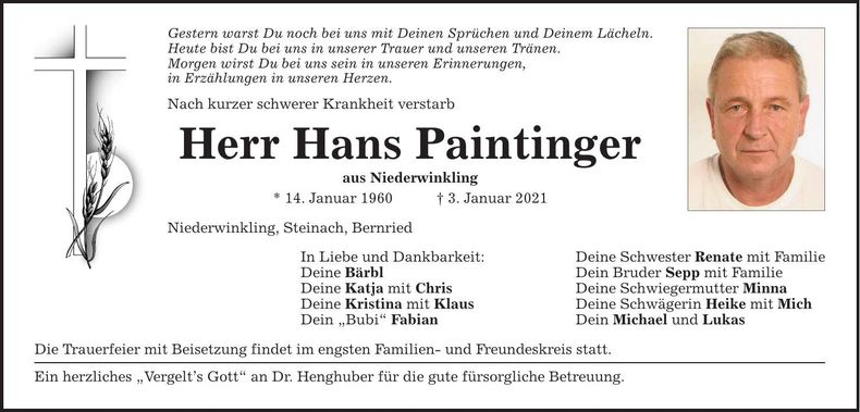 Traueranzeige Hans Paintinger