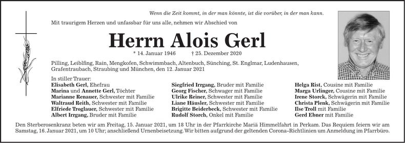 Traueranzeige Alois Gerl