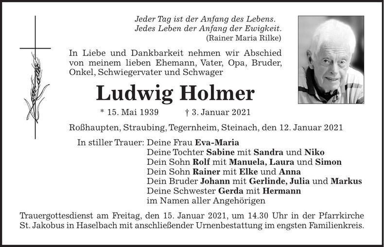 Traueranzeige Ludwig Holmer