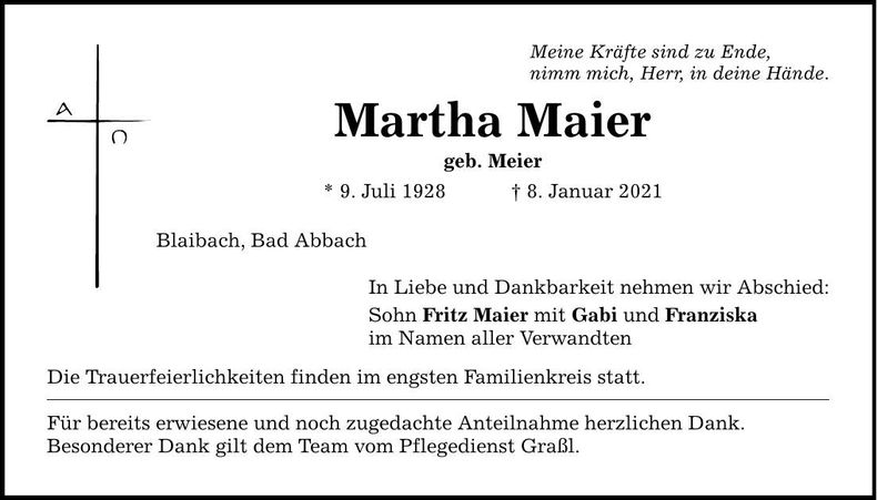 Traueranzeige Martha Maier