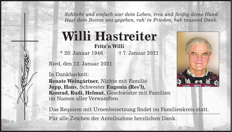 Traueranzeige Willi Hastreiter