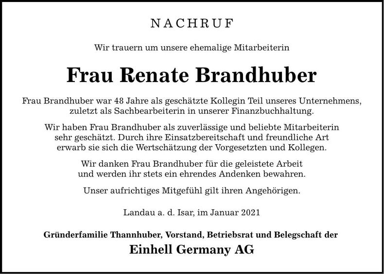Traueranzeige Renate Brandhuber