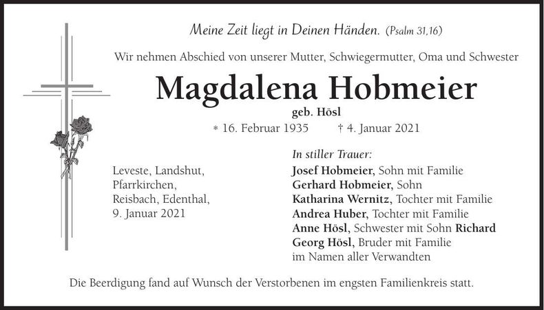 Traueranzeige Magdalena Hobmeier