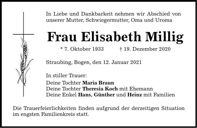 Traueranzeige Elisabeth Millig