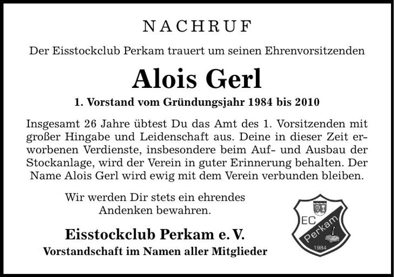 Traueranzeige Alois Gerl