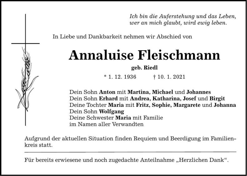 Traueranzeige Annaluise Fleischmann
