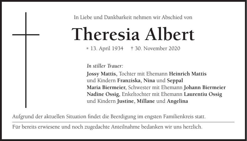 Traueranzeige Theresia Albert