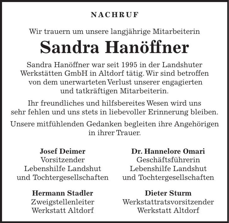 Traueranzeige Sandra Hanöffner