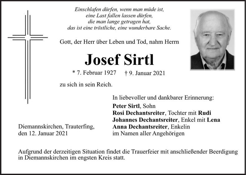 Traueranzeige Josef Sirtl