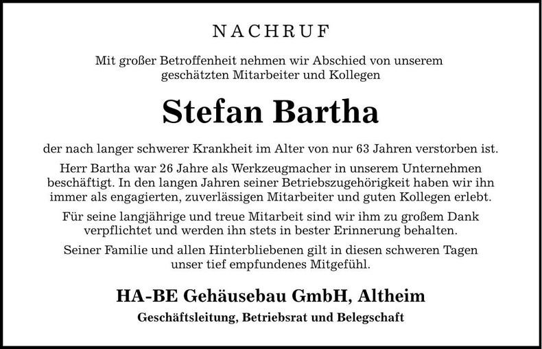 Traueranzeige Stefan Bartha