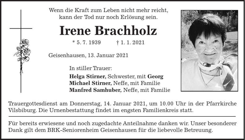 Traueranzeige Irene Bachholz