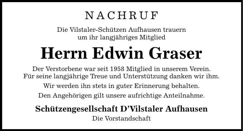 Traueranzeige Edwin Graser