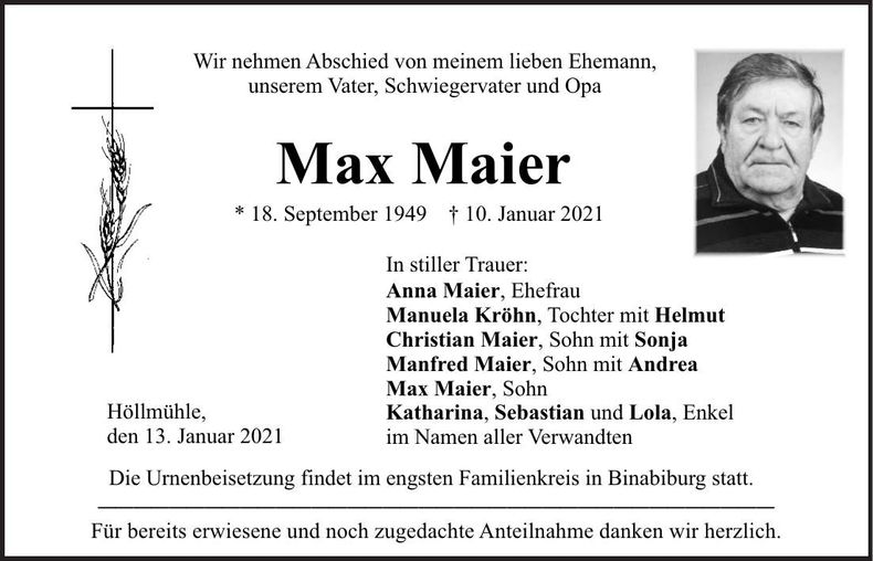 Traueranzeige Max Maier
