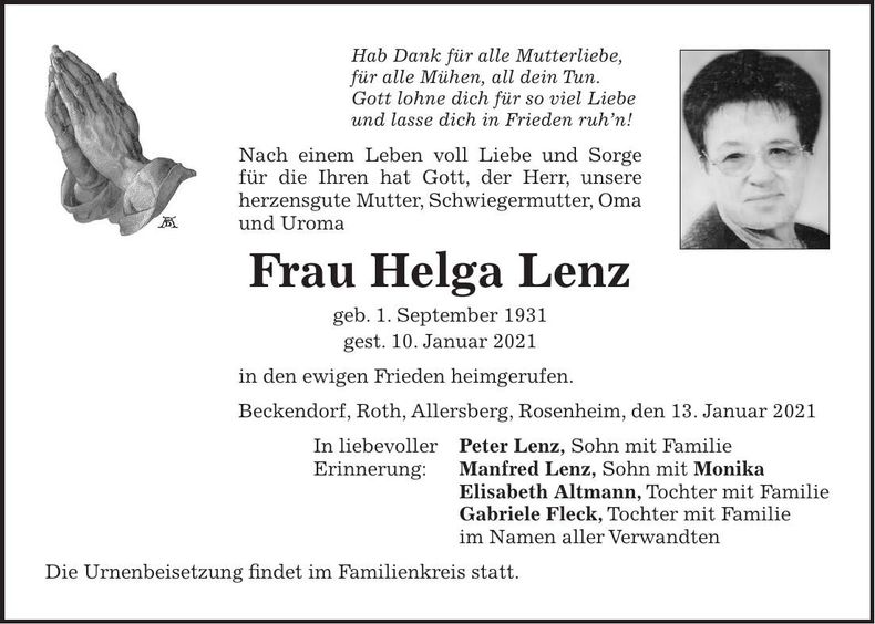 Traueranzeige Helga Lenz
