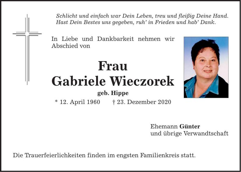 Traueranzeige Gabriele Wieczorek