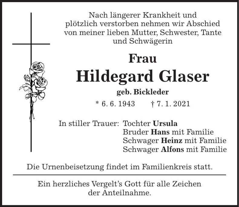 Traueranzeige Hildegard Glaser