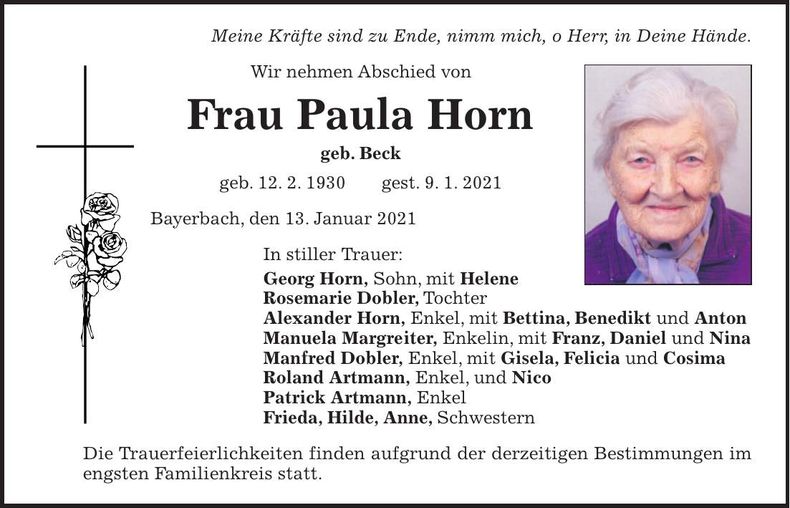 Traueranzeige Paula Horn