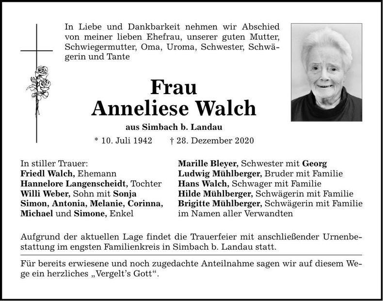 Traueranzeige Anneliese Walch